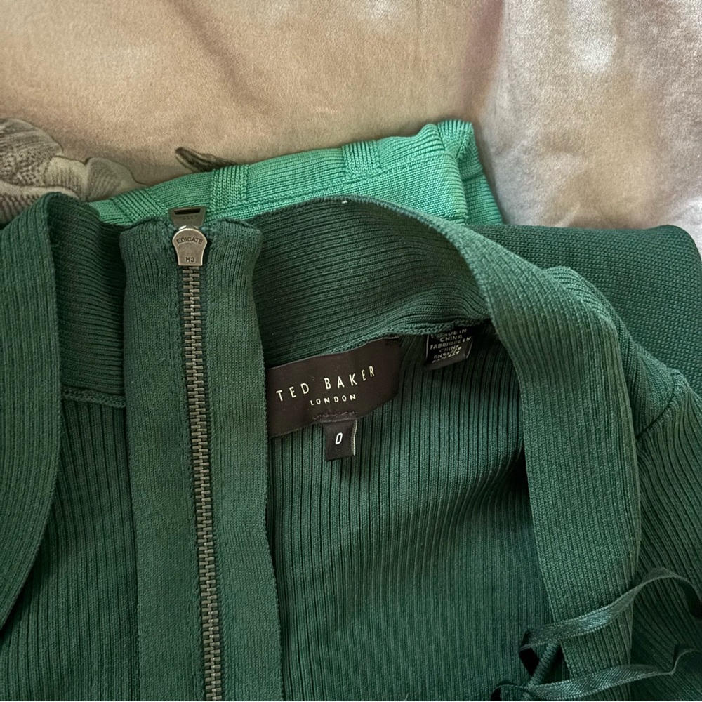 Ted Baker Forest Green Long Sleeve Dress sweetheart size 0 XS / S ribbed midi - Picture 8 of 10